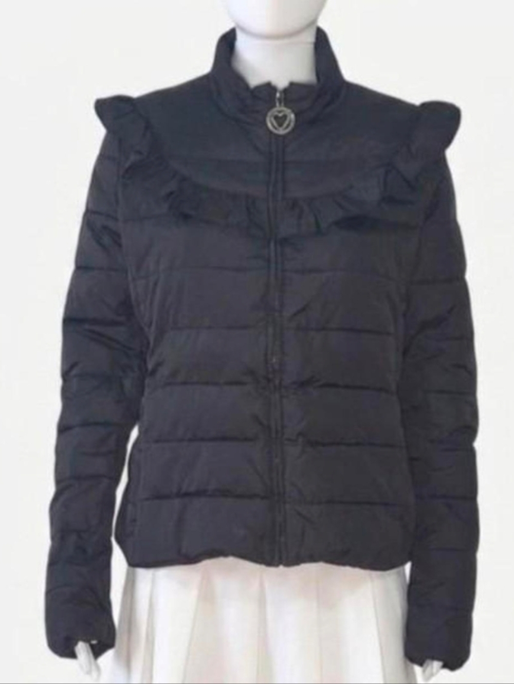 Love Moschino black puffer jacket with ruffle details and silver hardware Size10